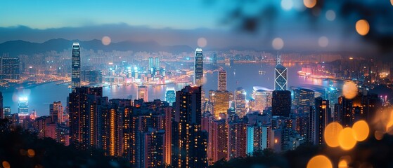 Poster - Night cityscape panorama with skyscrapers, harbor, and bokeh lights.