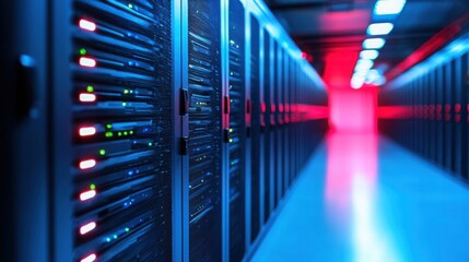 Poster - High-tech server room filled with advanced equipment and cables depicting the future of data management and storage