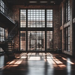 Poster - Sunlit industrial loft interior with exposed brick walls, large windows, and a metal staircase.