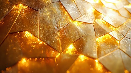 Poster - Glowing golden geometric pattern with light rays shining through crystalline metallic surface creates dramatic abstract background with warm illumination effects.