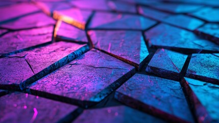 Poster - A Futuristic Neon 3D Texture is displayed on an Illuminated Blue Abstract Surface with Triangular Pyramids