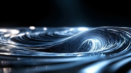 Poster - Mesmerizing blue liquid waves create dynamic spiral patterns against dark background, showcasing fluid motion and light reflection for abstract design concepts.