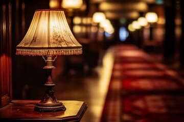 Poster - Vintage table lamp with fabric shade illuminates a dimly lit hallway.