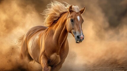Aufkleber - Majestic palomino horse running, dust flying, sunset.