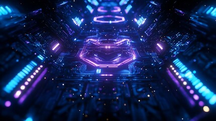Poster - Futuristic neon-lit digital corridor with glowing purple and blue lines.