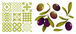 © Birch Ink - Olives and green Mediterranean tiles. Vector illustration of olives and patterns for background, card, invitation and other designs