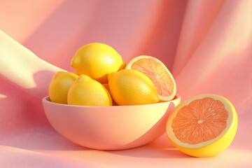 Poster - Pink bowl filled with lemons and halved grapefruit on pink fabric.