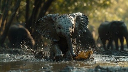 Poster - Playful baby elephant splashing in muddy water, herd in background.