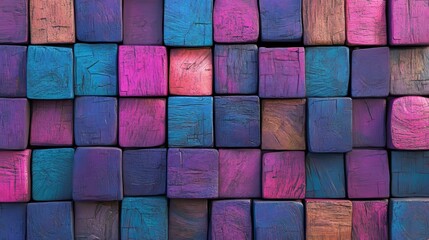 Poster - The innovative tech background features precisely arranged translucent blocks in shades of violet and orange, created using 3D rendering