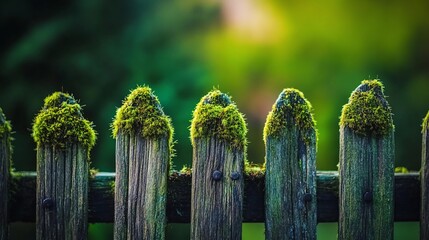 Poster - Mossy wooden fence posts in sunlight.