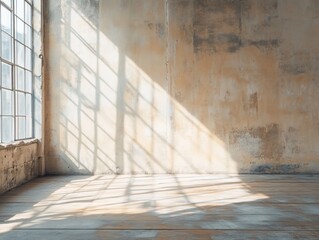 Poster - Sunlit empty room with distressed walls and large window, showing sunlight beams across the floor.