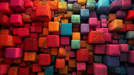 Poster - The background is a 3D block design with multicolored hues, ideal as a tech-themed wallpaper with a 3D render effect