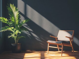 Poster - Sunlit room interior with armchair and potted plant.