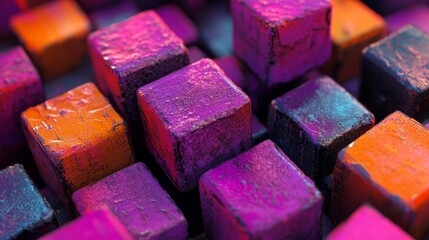 Poster - A modern tech wallpaper is created by perfectly arranging violet and orange glossy blocks in a 3D render
