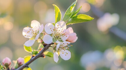 Poster - Close-up of delicate white blossoms on a branch, bathed in soft sunlight.