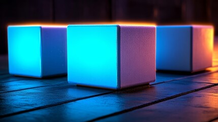Poster - The concept of digital connectivity is illustrated in a futuristic and high-tech manner with 3D blocks on a blue background in a 3D render
