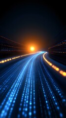 Poster - Abstract digital highway with glowing blue light trails and orange sun on dark background, representing speed, technology and future transportation concept.