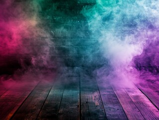 Poster - Smoky, colorful scene with wooden floor and brick wall.