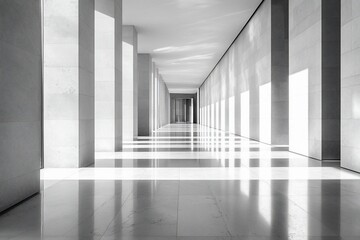 Poster - Modern minimalist hallway with sunlight streaming through, creating shadows and reflections on polished floor.
