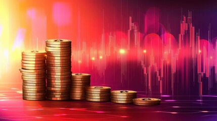 Poster - Stacks of coins set against a vibrant city background illustrating ai-driven predictive modeling for bitcoin trends
