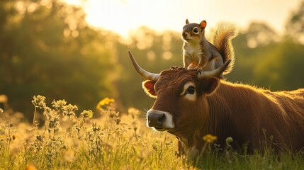 Poster - A small squirrel perched on the horns of a large brown cow in a sunlit field.