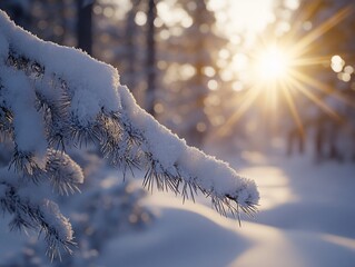 Aufkleber - Snow-covered pine branch in a sunlit winter forest.