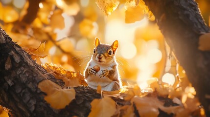 Poster - Adorable squirrel holding nut, autumn leaves background, sunlight.