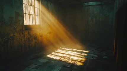 Poster - Sunbeams illuminate a dark, abandoned room with peeling paint and a dirty floor.