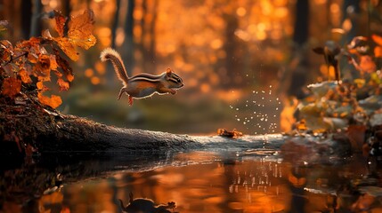 Poster - A chipmunk leaps across a log over autumnal water, golden sunlight reflecting.