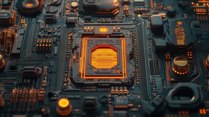 Poster - The Entertainment Technology Concept is illustrated as a 3D render featuring a microchip with a movie symbol, with vibrant orange neon data exchanging between the CPU and the user on a futuristic