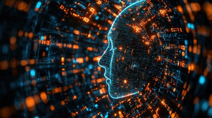 Poster - Human head surrounded by a tunnel of orange and blue lights representing the power of ai-driven quantum machine learning