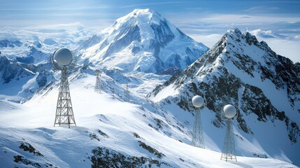 Poster - Mountain landscape featuring a satellite system in the foreground symbolizing advanced ai-driven wi-fi bandwidth allocation