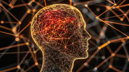 Poster - Ai-enhanced business intelligence featuring a human head with a network of lines illustrating data connectivity