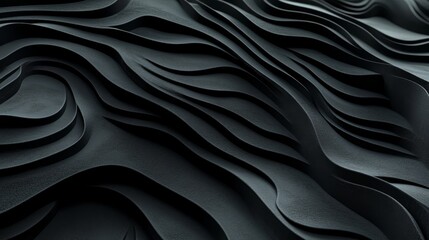 Poster - The abstract background is made up of dark, three-dimensional ribbons rendered in black