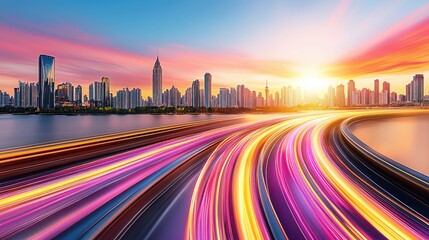 Poster - City with light trails depicting ai-enhanced machine learning speed for traffic optimization and urban mobility solutions