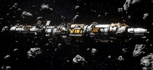 Wall Mural - A long segmented space station drifts amidst a scattering of asteroids in the vastness of outer space.