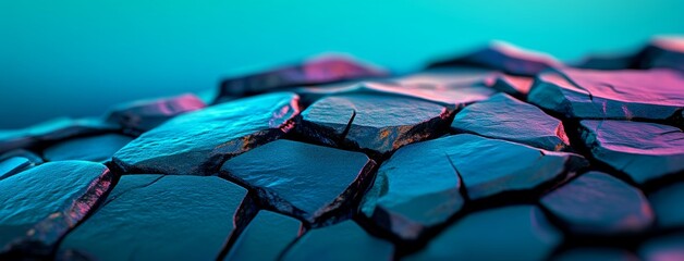 Poster - Glass pieces boasting colorful turquoise and purple hues come together to create a glossy abstract wallpaper in a futuristic 3D render