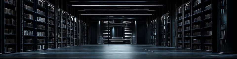 Rows of dark bookshelves line a dimly lit hallway reflecting light off a polished floor.