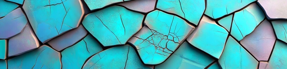 Poster - Vibrant teal and blue hues in glass fragments come together to create a reflective abstract banner, presented in a modern 3D render with copy-space