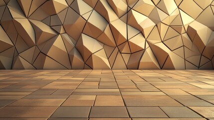 Poster - The image features a 3D render of a wall composed of triangular natural stone mosaic tiles, with a background of textured semigloss bricks arranged in a 3D block pattern