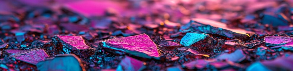 Poster - Crystal pieces featuring vibrant purple and blue hues come together to create a glossy abstract banner in a futuristic 3D render
