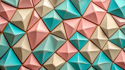 Fototapete - The futuristic design of this 3D banner showcases a polygonal surface in shades of white, blue, and pink, complemented by tetrahedrons