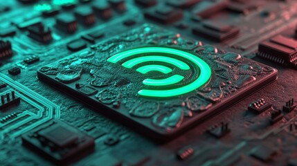 Poster - The concept of Green Wireless Technology is visually represented by a vibrant wifi icon illuminated as a neon light on a dark background with a high-tech floor