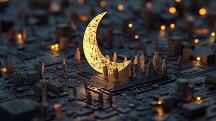 Poster - The concept of night mode technology is illustrated through a 3D render of a microchip with a moon symbol, surrounded by white neon data flowing between users and the CPU on a futuristic motherboard