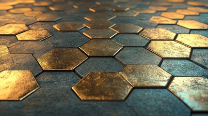 Poster - A 3D render featuring diamond shaped, luxurious mosaic tiles arranged in a wall pattern, with a glossy block background composed of stacked gold 3D blocks