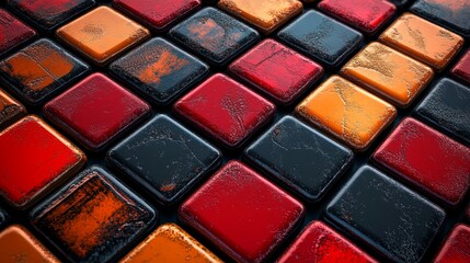 Poster - The image features Precisely Aligned Glossy Blocks in Red and Orange, with a Modern Tech Background, generated through 3D rendering