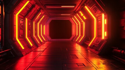 Poster - The image depicts a black surface with an embossed design and an orange glow along its edge, situated on a tech-themed background with a neon-lit octagonal shape, all created using 3D rendering