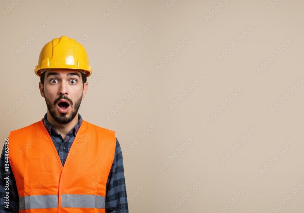 Surprised Construction Worker Wearing Orange Safety Vest and Yellow ...