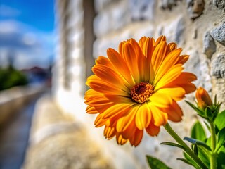 Poster - Vibrant Calendula Flower in Architectural Setting, Sunny Day, Close-Up