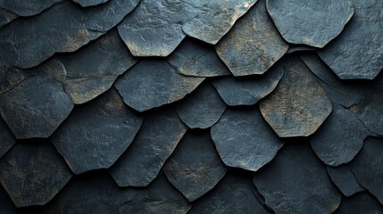 Poster - The background features a semigloss finish, achieved by stacking diamond-shaped, futuristic blocks, set against a wall made up of black, 3D mosaic tiles arranged in a mosaic design, generated using